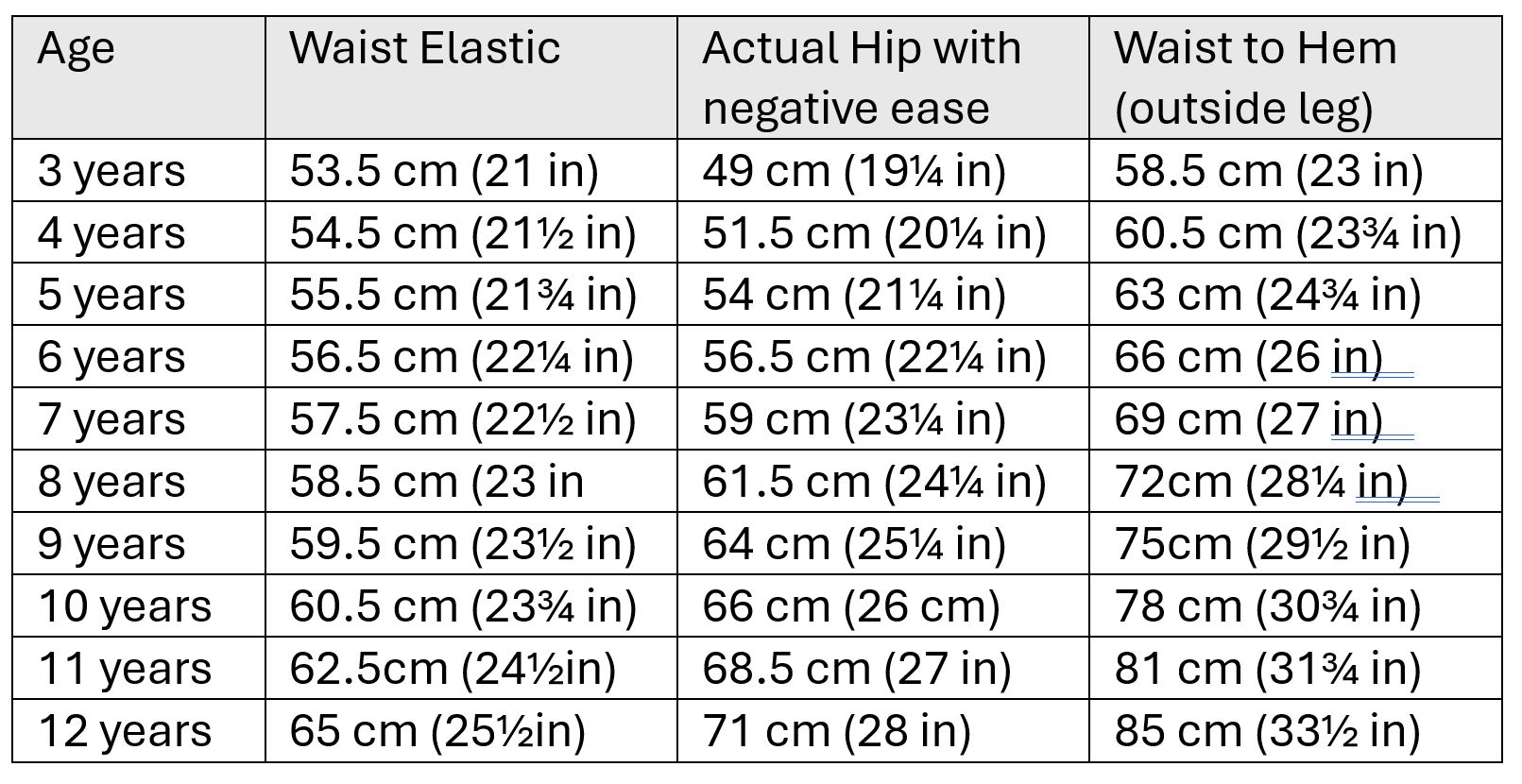 leggings measurements