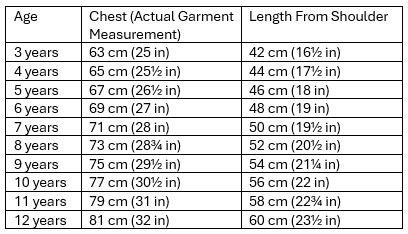 Billy T-Shirt size measurements chart – easy sewing pattern for children