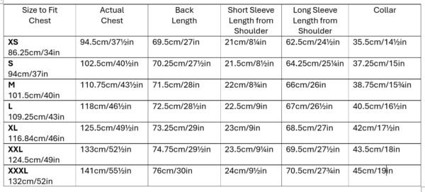 measurements mans shirt